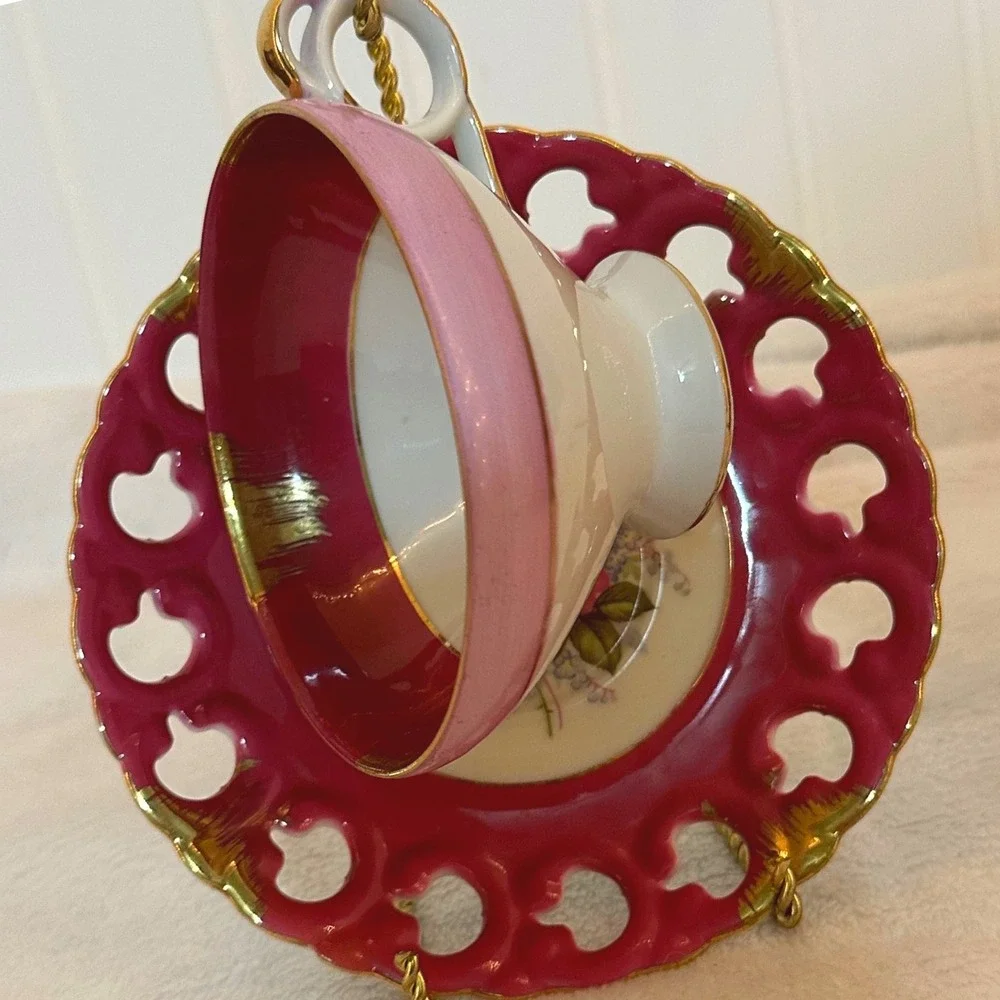Japan Porcelain Tea Cup Saucer Set Pink Gold Reticulated Rose Floral Excellent